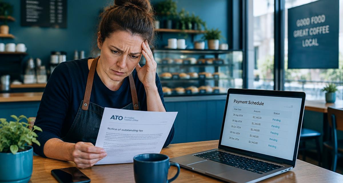 Cafe owner reading a tax letter next to a laptop showing a payment schedule