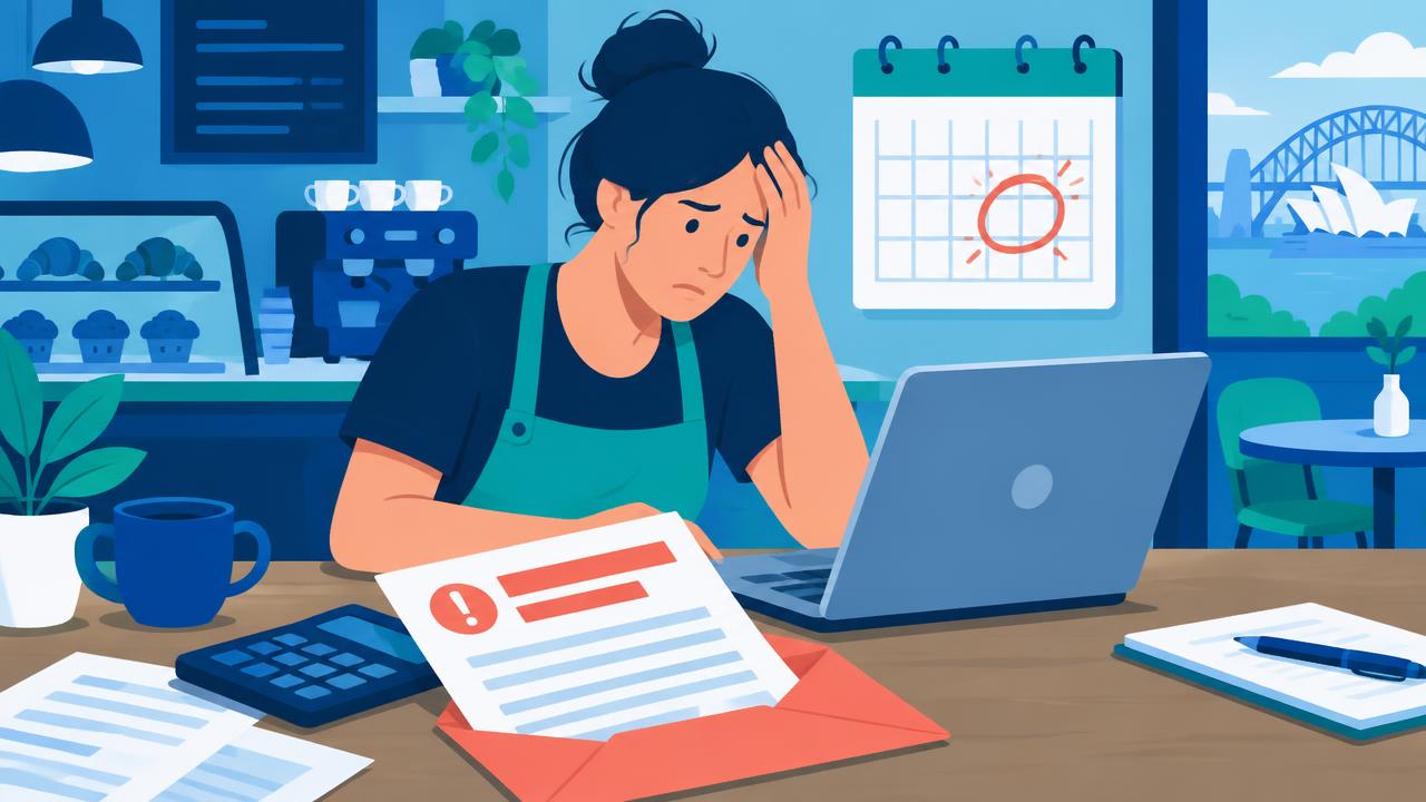 Cafe owner at a desk looking worried at an overdue tax notice next to a laptop and calendar