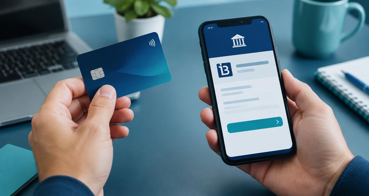 Hand holding a credit card next to a phone showing an online banking payment