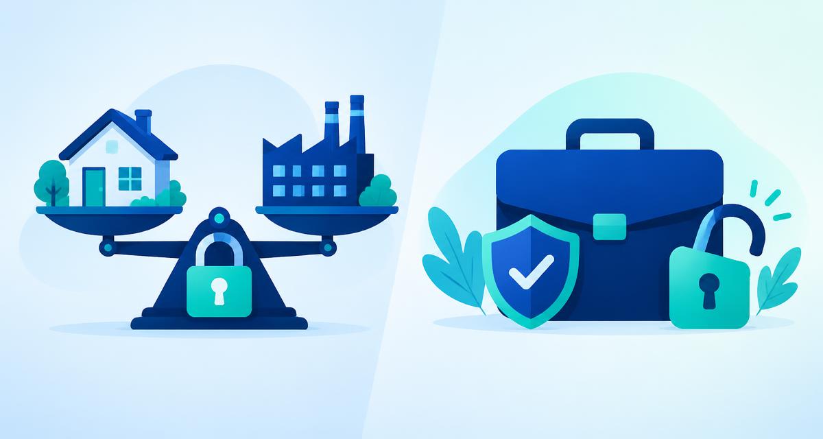 Balance scale weighing a house and factory against a briefcase with a shield