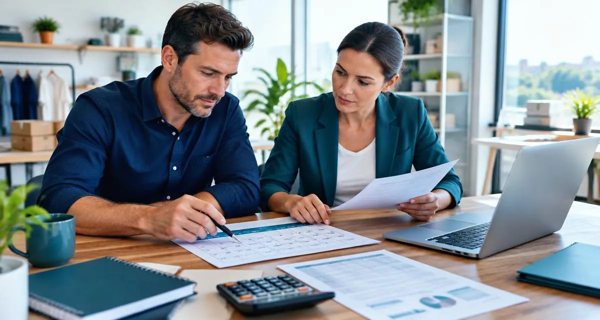Business owners comparing repayment schedules and financial documents