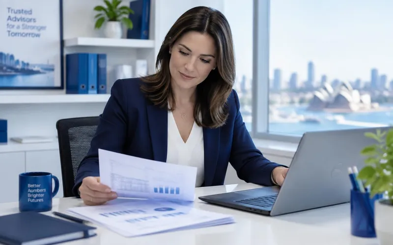 Accountant reviewing client documents in a modern office