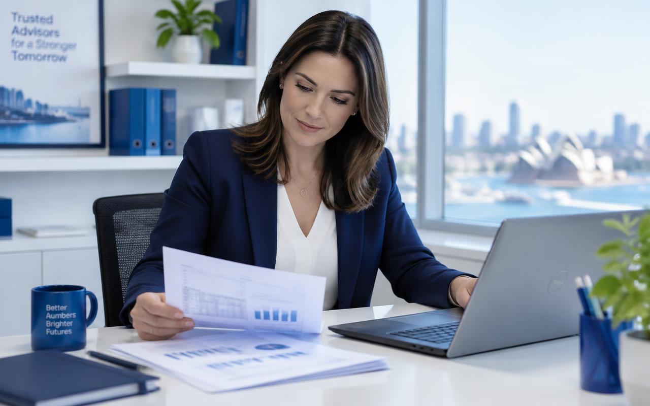 Accountant reviewing client documents in a modern office