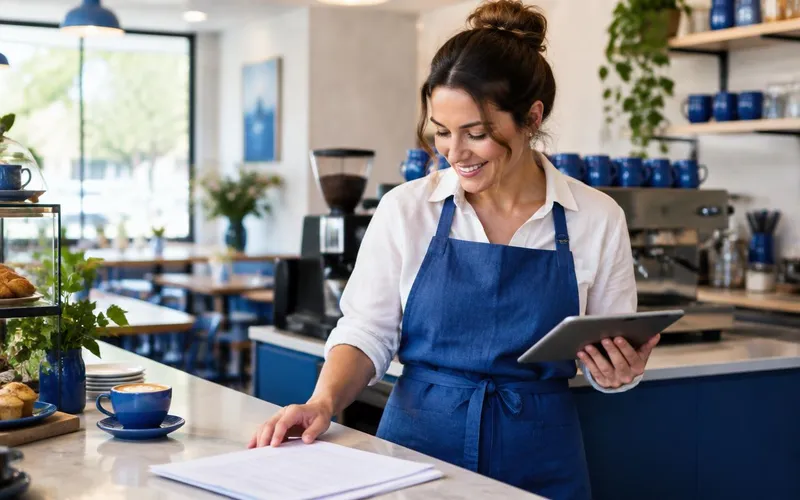 Small business owner checking her business accounts in her cafe